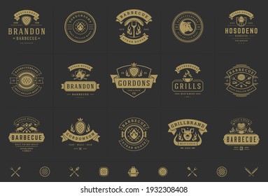 Grill and barbecue logos set vector illustration steak house or restaurant menu badges with bbq food silhouettes. Modern vintage typography labels and emblems design.