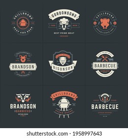 Grill and barbecue logos set vector illustration steak house or restaurant menu badges with bbq food silhouettes. Modern vintage typography labels and emblems design.