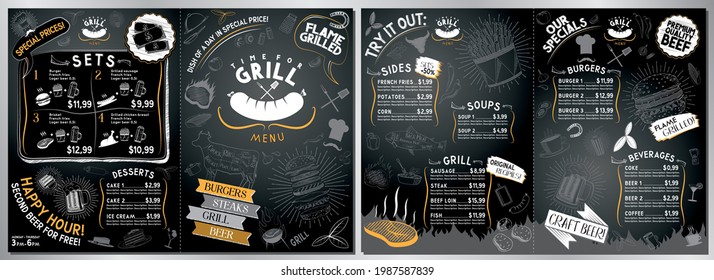 Grill, barbecue menu card - A3 to A4 size (burgers, grill, sides, soups, drinks, sets)