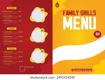 Grill-Grill-Menü-Restaurants, Grill-Essen Vektorgrafik Restaurant Broschüre, Menü-Design. Vektorgrafik Vorlage mit handgezeichneter Grafik. Food Flyer Essen, Steakhouse Professionell, Poster, Ankündigung