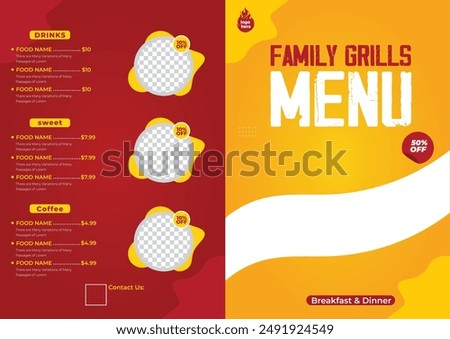 Grill barbecue menu restaurants, grilled food Vector restaurant brochure, menu design. Vector template with hand-drawn graphic. Food flyer food, Steakhouse Professional, poster, announcement