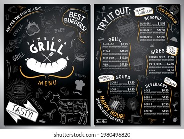 Grill, barbecue menu template - A4 card (burgers, grill, sides, soups, drinks)