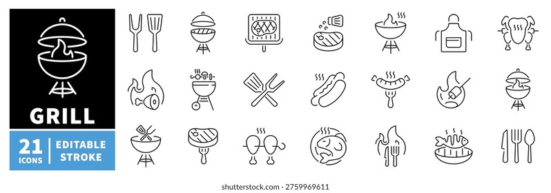 Grill and barbecue outline icon set. editable stroke with thin line style for cooking and bbq icons