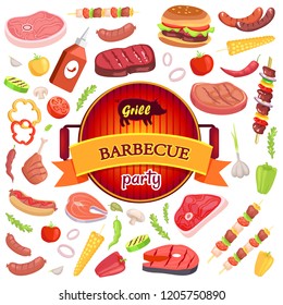 Grill barbecue party and isolated icons vector. Dripping pan for frying meal. Vegetables and meat, chili ketchup in plastic bottle and brochette satay