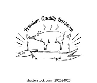 Grill, barbecue, picnic, camping logo with hand drawn element of pig. Vector illustration.