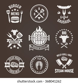 Grill and barbecue restaurant menu vector labels, badges, logos and emblems, white templates on dark background. BBQ vintage stickers.