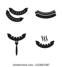 Grill barbecue sausage vector icon set, hot dog, raw and sausage on fork