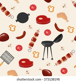 Grill Barbecue Seamless Pattern. Grilled Food with Kitchen Tools. Vector illustration in flat style