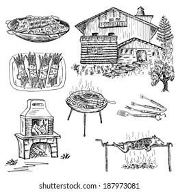 grill and barbecue. set of vector sketches