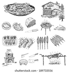 grill and barbecue. set of vector sketches