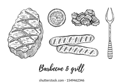 Grill barbecue sketch set. Meat fillet of lamb, beef, pork. Steak cook collection, hand drawn bbq grill restaurant or party menu. Vintage line engraved vector illustration isolated on white background