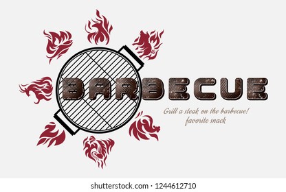 Grill or barbecue styling lettering. Fried food on fire and coals in the form of letters. For menu design, party invitations and discount banners. All variety of fried products.