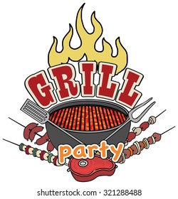 Grill, barbecue symbol, icon, with various objects and foods, vector illustration