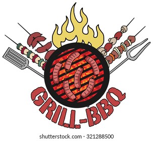 Grill, barbecue symbol, icon, with various objects and foods, vector illustration