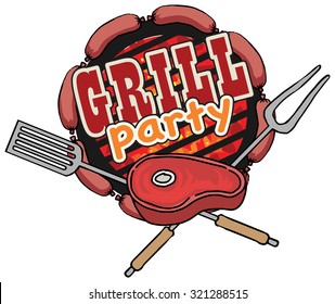 Grill, barbecue symbol, icon, with various objects and foods, vector illustration
