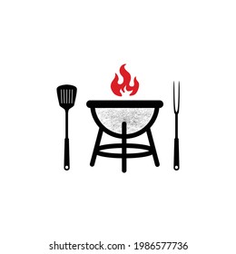grill barbecue tool spatula fork flame label stamp logo design vector