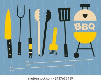 Grill barbecue tools. BBQ tool set grill accessories. Grilling utensils, knife, thermometer, tongs, brush, spatula, fork for barbecue food cooking. Flat, geometric style. Barbecue party. BBQ time