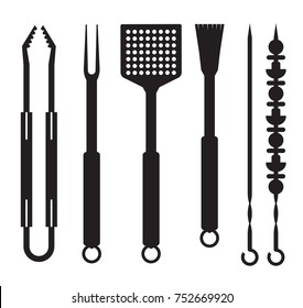 Grill And Barbecue Utensils Icons In Outline Design. BBQ Tools Logo Or Label Template. Barbeque Equipment Silhouette Collection.