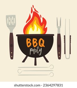 Grill barbecue. Vector illustration of bbq objects with lettering