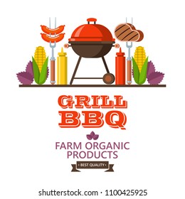 Grill, barbecue. Vector illustration. Farm organic products. Delicious grilled sausages and steak on forks. Corn, green and purple Basil leaves, ketchup and mustard.