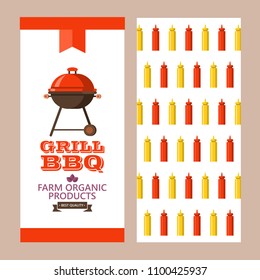 Grill, barbecue. Vector illustration. Flyer template. The pattern of the back side of the flyer. Ketchup and mustard.