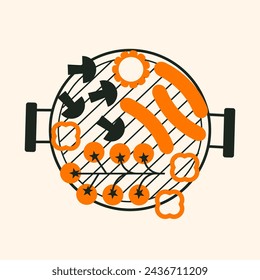 Grill barbecue vector illustration. Barbecue grill top view with sausages, mushroom and tomatoes. BBQ picnic party concept. Simple, geometric, modern style. BBQ background for cover, poster, menu