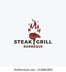Grillgrillgrill mit gekreuzter Gabel und Feuerflamme Logo, Vektorgrafik. Logo-Vorlage für Rind-Steak-Grill