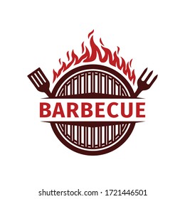 Grill Barbeque. BBQ With Crossed Fork, Spatula And Fire Flame Logo Design