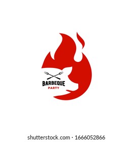 Grill Barbeque invitation party barbecue bbq with pig pork on fire flame Logo design vintage hispter