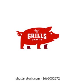 Grill Barbeque Invitation Party Barbecue Bbq With Pig Pork On Fire Flame Logo Design Vintage Hispter