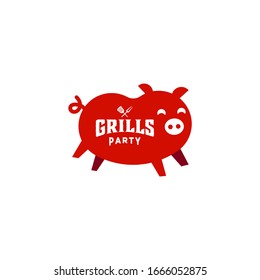 Grill Barbeque invitation party barbecue bbq with pig pork on fire flame Logo design vintage hispter