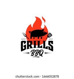 Grill Barbeque Invitation Party Barbecue Bbq With Pig Pork On Fire Flame Logo Design Vintage Hispter