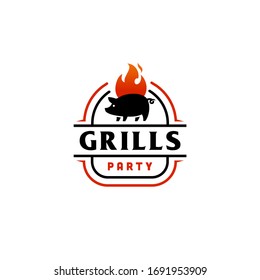 Grill Barbeque invitation party barbecue with pig pork on fire flame Logo design vintage hispter , bbq sauce label