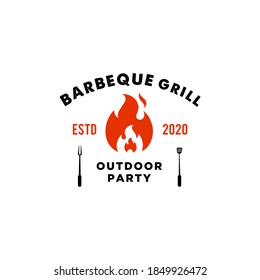 Grill Barbeque Einladung Party Barbecue bbq mit Schweinefleisch auf Feuer Flamme Logo Design Vintage Hispter