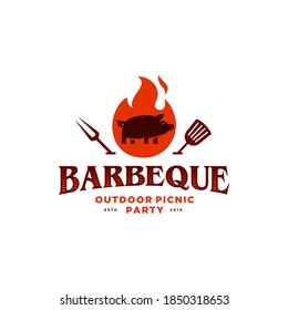 Grill Barbeque invitation party barbecue bbq with pig pork on fire flame Logo design vintage hispter