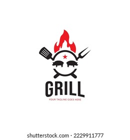 Grill Barbeque Einladung Party Barbecue bbq mit Schweinefleisch auf Feuer Flamme Logo Design Vintage Hispter