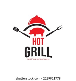 Grill Barbeque Einladung Party Barbecue bbq mit Schweinefleisch auf Feuer Flamme Logo Design Vintage Hispter