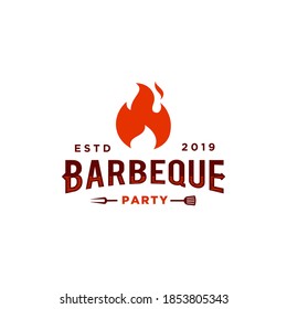 Grill Barbeque logo, invitation party barbecue bbq with crossed fork spatula and fire flame design