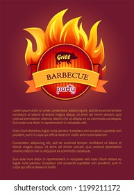 Grill barbeque party poster with burning fire, bbq festival icon on banner with text, vector advertising leaflet. Metal grate on burning wood or coals