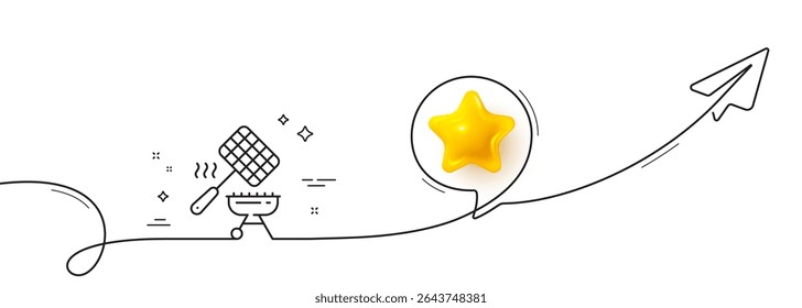 Ícone da linha da cesta de grades. Linha contínua com plano de compartilhamento. Placa de churrasco. Símbolo de utensílios de braseiro de carne. Estrela 3d no balão de fala. Cesta de grelha fita de linha única. Padrão de curva de loop. Vetor