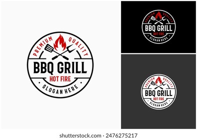 Grill BBQ Barbecue Hot Fire Flame Spatula Fork Stamp Badge Vintage Vector Logo Design Illustration