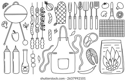 Grill BBQ doodle vector set. Hand drawn barbecue party set