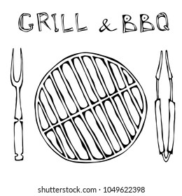 Grill and BBQ Empty. Picnic and Barbeque Appliances Tongs and Fork. Outdoor Party. Hand Drawn Illustration. Savoyar Doodle Style.