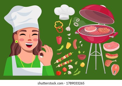Grill bbq food collection, cook woman show okay gesture, good delicious yummy meal, sorts of meat, cooking with campfire, prepared dish, cartoon icons, hot dog, chicken, steak, shashlik