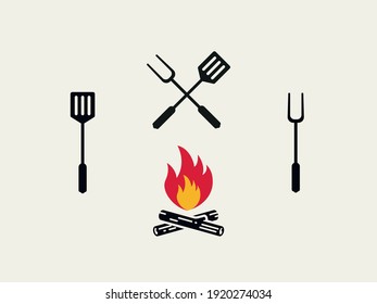 Grill and bbq forks and shovels set, campfire icon with yellow and red flames and firewood logs