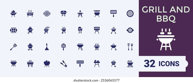 Parrilla y colección de icono de barbacoa. Relacionado con asado, barbacoa, cocina, fuego, barbacoa, chuleta y más. Paquete de iconos de estilo plano lleno. Glifo editable de iconos vectoriales.