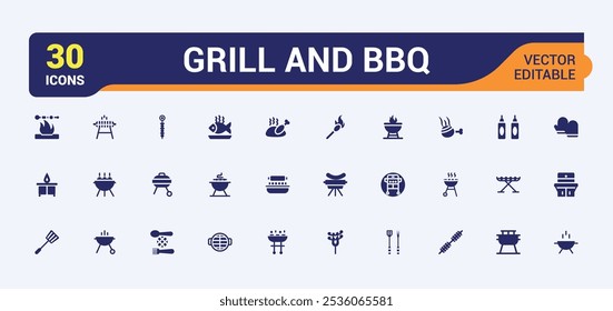 Parrilla y colección de icono de barbacoa. Relacionado con asado, barbacoa, cocina, fuego, barbacoa, chuleta y más. Paquete de iconos de estilo plano lleno. Glifo editable de iconos vectoriales.