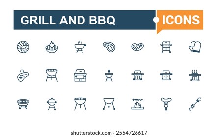 Grill And Bbq icon pack. Includes icons for barbeque, ham, charcoal, steak, hen, burger and more. Minimal linear icons. Vector outline and solid icons collection.