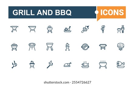 Grill And Bbq icon pack. Includes icons for barbeque, ham, charcoal, steak, hen, burger and more. Minimal linear icons. Vector outline and solid icons collection.