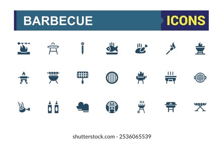 Grill And BBQ icons in filled style. Containing grill, hot, kitchen, bbq, grill bbq, fish and more. Set of solid pictogram. Vector icons editable glyph.